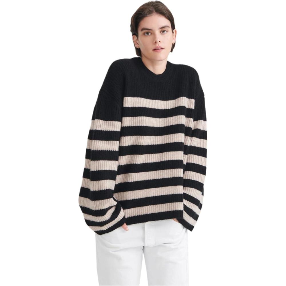 imageNAADAM Womens Super Luxe Cashmere Striped CrewneckBlack Combo