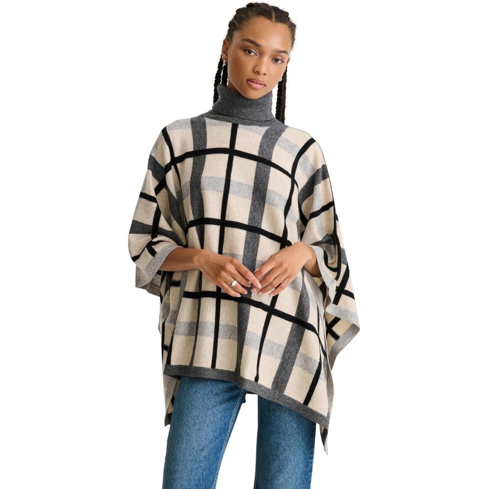 imageNAADAM Womens Soft Plaid Jacquard PonchoGrey